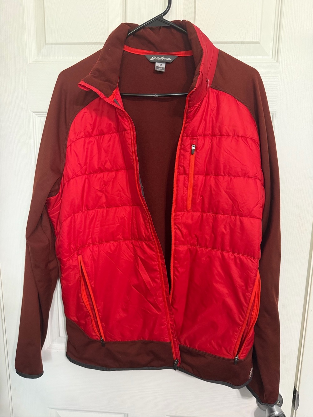 Eddie Bauer Red Front Brown Sleeve Insulated Hybrid Jacket